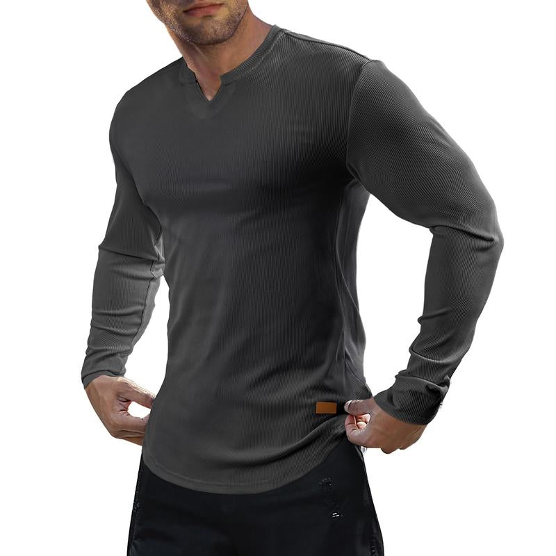 V-Neck Longline Ribbed Tees Shirts Long Sleeve Gym Workout Athletic Menswear Tops