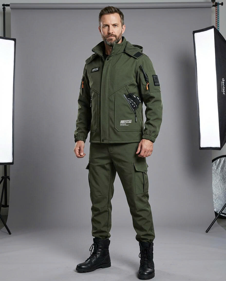 Men 2-Piece Tactical Hooded Jacket & Cargo Pants Outdoor Suit