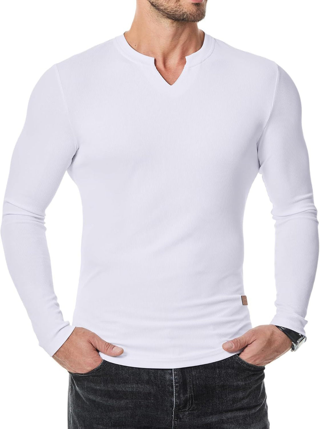 V-Neck Longline Ribbed Tees Shirts Long Sleeve Gym Workout Athletic Menswear Tops