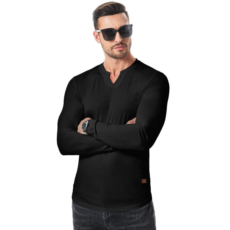 V-Neck Longline Ribbed Tees Shirts Long Sleeve Gym Workout Athletic Menswear Tops