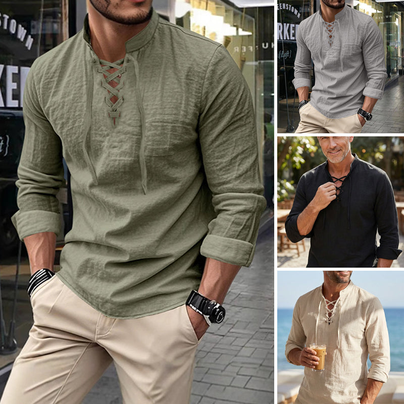 👔 50% OFF NOW! 💎 Men's Casual Solid Color Shirt – Lace-Up Neck, Modern Stand Collar & Breathable Cotton ✨