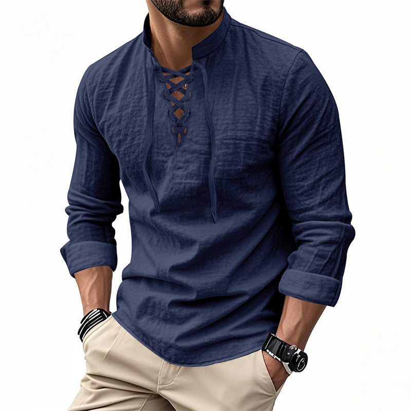 👔 50% OFF NOW! 💎 Men's Casual Solid Color Shirt – Lace-Up Neck, Modern Stand Collar & Breathable Cotton ✨